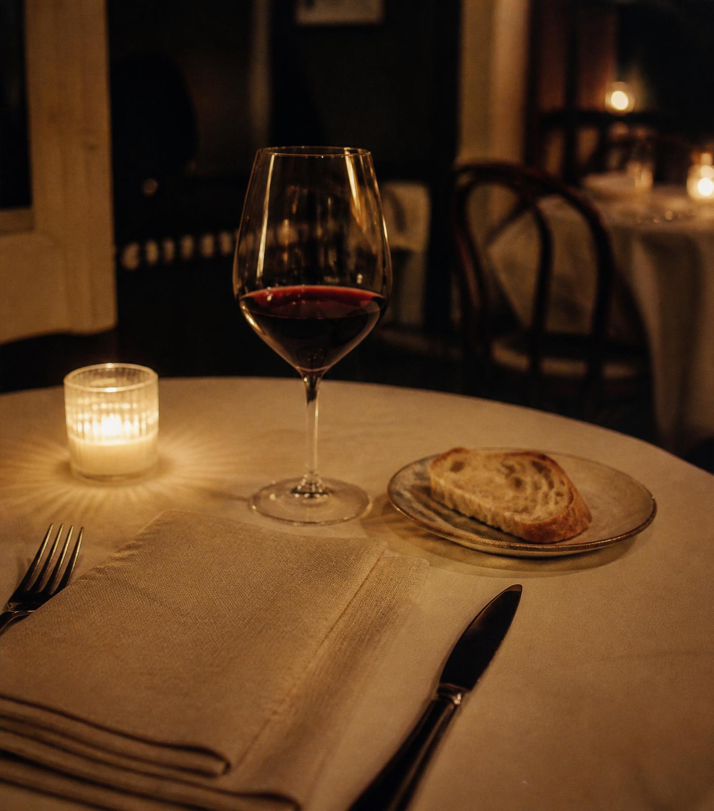 a candlelit place setting at a small new york restaurant